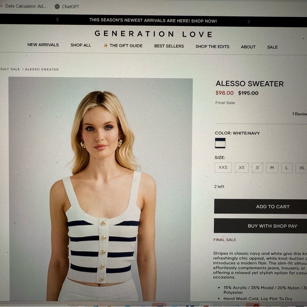 Generation Love Ivory and Navy Buttoned Tank
